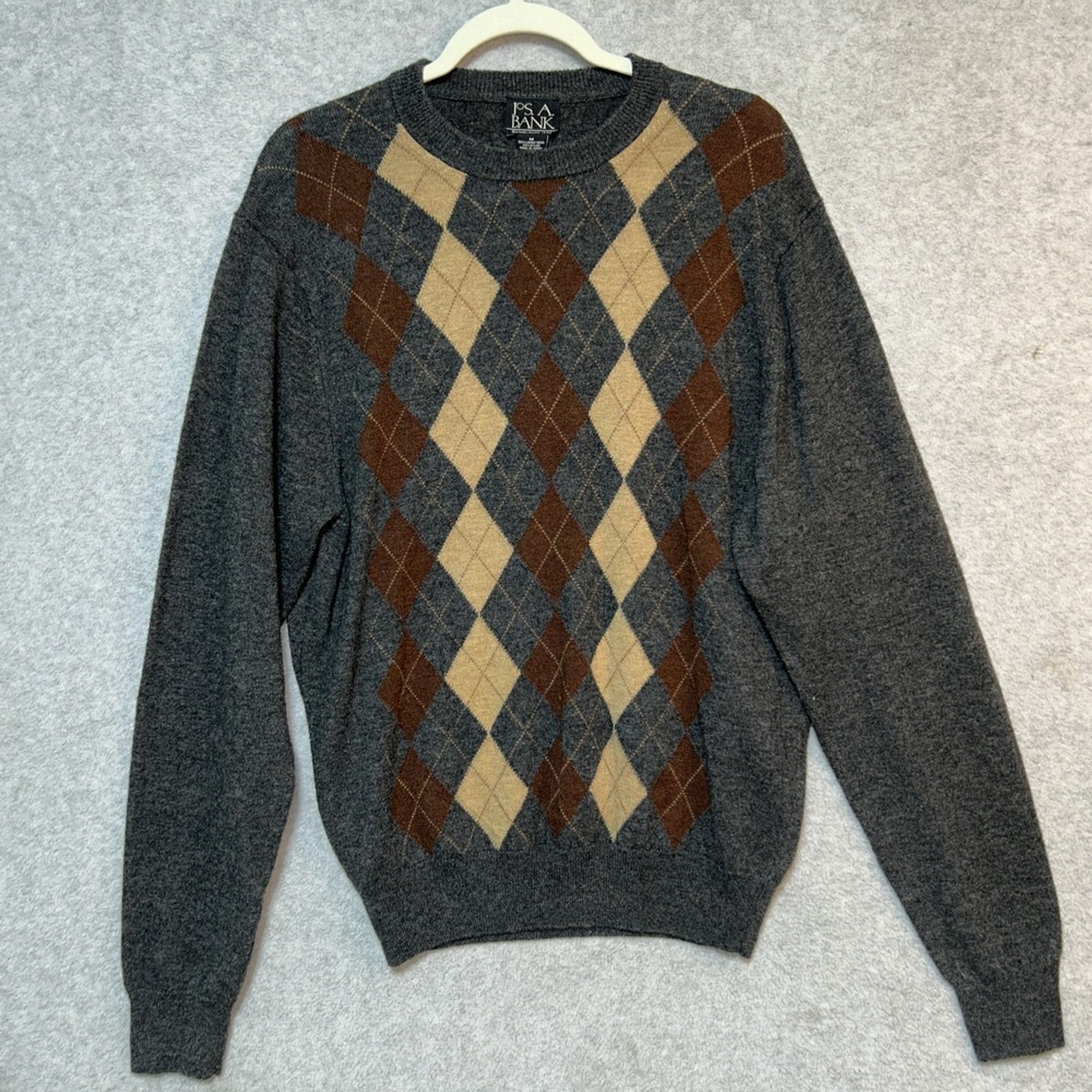 Grandpa Sweater Mens M Jos A Bank Argyle Lambswool V-Neck 90s Gray Red Heritage